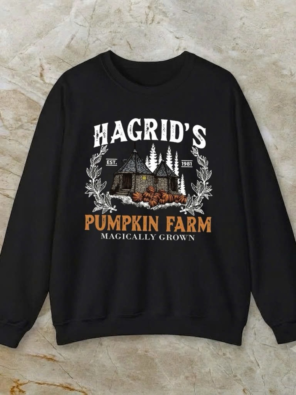 Gildan Black Crewneck with White and Orange Pumpkin Farm Graphic